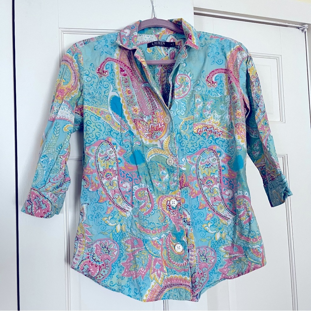 Paisley Button-Front Cotton Shirt - Aqua Pink Multi